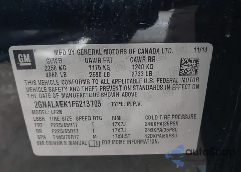 2015 Chevrolet Equinox Ls z USA, uszkodzony, nr VIN 2GNALAEK1F6213705